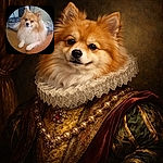 A fluffy Pomeranian dog lounges comfortably on a brown surface, looking content and slightly amused. The background shows a cozy indoor setting with blankets and furniture, all framed in a circular vignette that adds a soft, vintage touch.