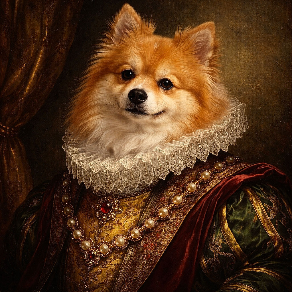 A fluffy Pomeranian dog lounges comfortably on a brown surface, looking content and slightly amused. The background shows a cozy indoor setting with blankets and furniture, all framed in a circular vignette that adds a soft, vintage touch.