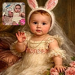 A chubby-cheeked baby wearing shiny pink bunny ears and a cream-colored romper with bows sits on a soft textured blanket, waving a tiny hand. Behind the baby is a cute unicorn-themed basket, and a bright pink flower toy rests on the baby's lap, making for an adorable and cozy scene.