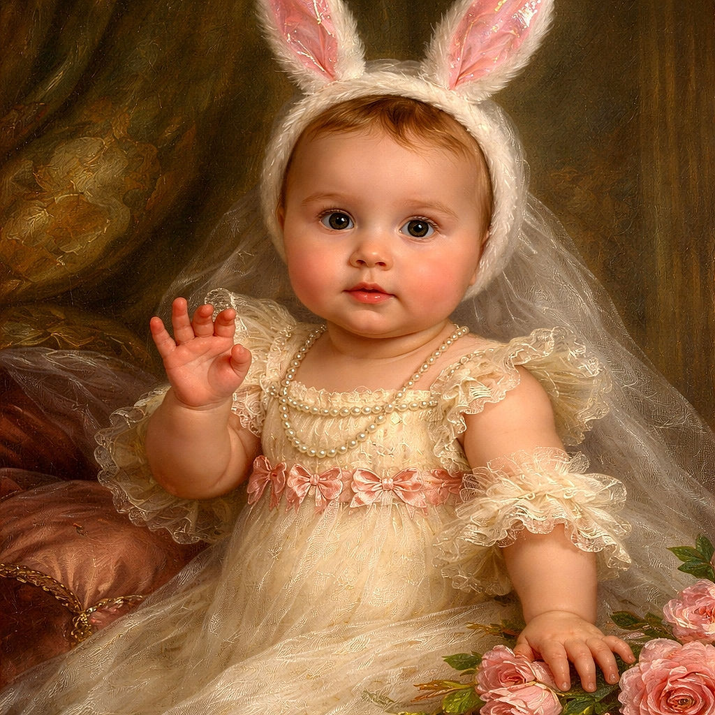 A chubby-cheeked baby wearing shiny pink bunny ears and a cream-colored romper with bows sits on a soft textured blanket, waving a tiny hand. Behind the baby is a cute unicorn-themed basket, and a bright pink flower toy rests on the baby's lap, making for an adorable and cozy scene.