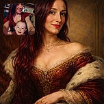 A cozy selfie of a smiling woman with red-tinted hair and a cheerful baby in her lap, both enjoying a warm moment indoors surrounded by eclectic decor and soft lighting.
