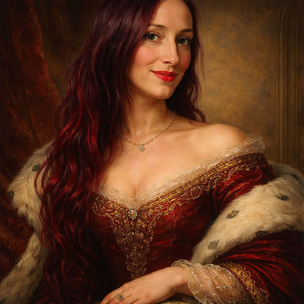 A cozy selfie of a smiling woman with red-tinted hair and a cheerful baby in her lap, both enjoying a warm moment indoors surrounded by eclectic decor and soft lighting.