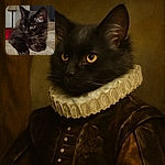 A fluffy black kitten with striking yellow eyes lounges comfortably on a textured beige couch, looking contemplative as a classic lamp stands softly blurred in the background.