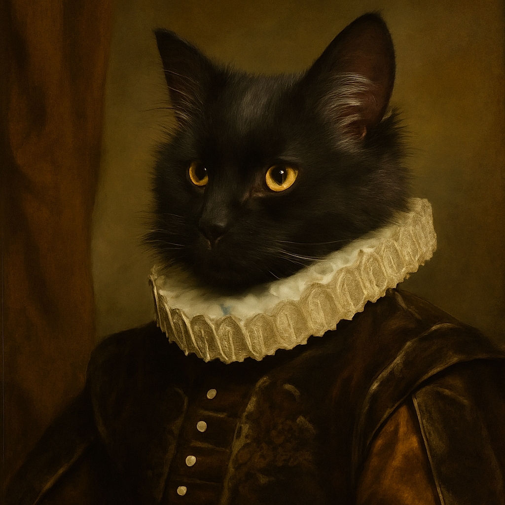 A fluffy black kitten with striking yellow eyes lounges comfortably on a textured beige couch, looking contemplative as a classic lamp stands softly blurred in the background.