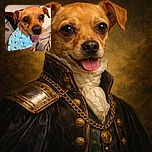 A cute small brown dog with big expressive eyes is happily panting, wearing a blue bandana with white patterns, sitting comfortably indoors on a couch with a quilted blanket in the background.