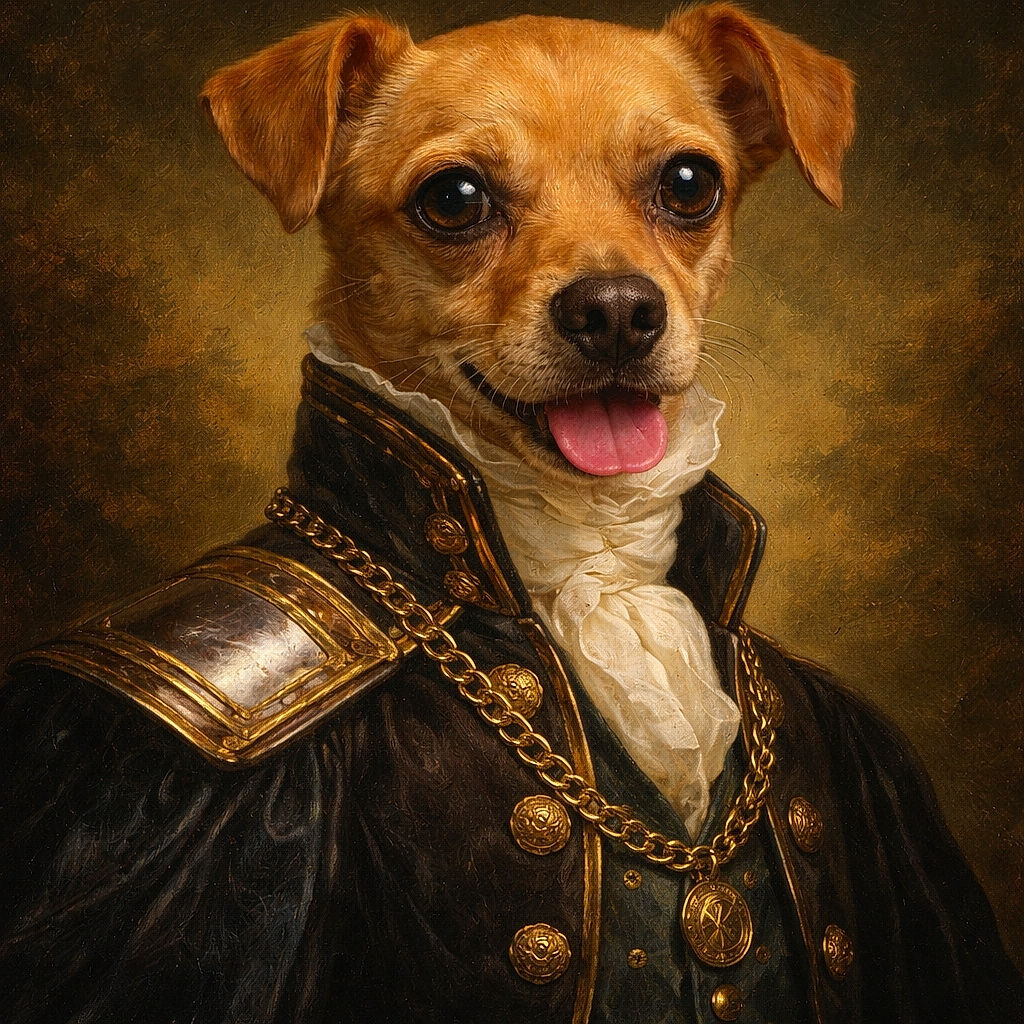 A cute small brown dog with big expressive eyes is happily panting, wearing a blue bandana with white patterns, sitting comfortably indoors on a couch with a quilted blanket in the background.