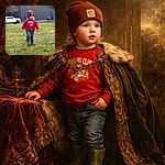 A determined little explorer in a giant beanie and red sweater stomps heroically across the backyard like every patch of grass is a new continent — face full of serious concentration and snack‑related thoughts.