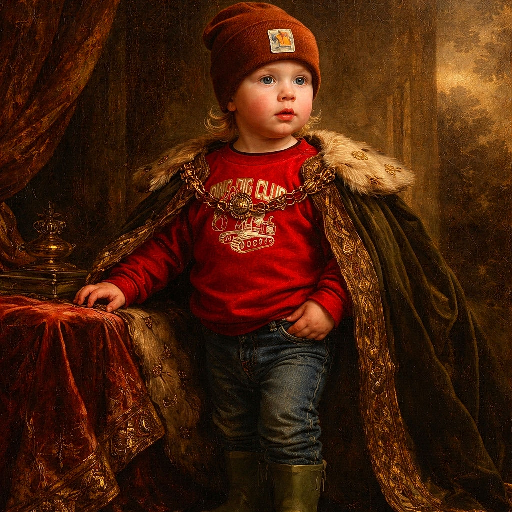 A determined little explorer in a giant beanie and red sweater stomps heroically across the backyard like every patch of grass is a new continent — face full of serious concentration and snack‑related thoughts.