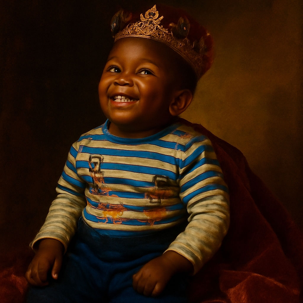 A joyful toddler sitting cross-legged on a cozy bed with a big smile, wearing a striped shirt and playful socks, radiating pure happiness in a warm, homely setting.
