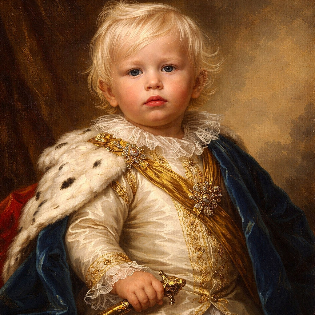 A chubby toddler with tousled blonde hair sits confidently in a colorful inflatable pool toy on a grassy lawn, gripping a yellow steering wheel with a serious expression as if steering a tiny ship.