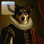 A charming dog sitting attentively on the wet sandy beach with gentle waves rolling in the background, casting a long shadow as if posing for a seaside portrait.
