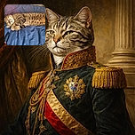 A cozy tabby cat is curled up in a deep, peaceful sleep on a rumpled blue blanket, with its paws adorably tucked in like it's dreaming of catnip adventures. Nearby, a lint roller and a denim garment add a touch of everyday life to this tranquil moment.