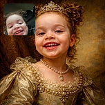 A close-up selfie of a joyful young child with curly hair, smiling widely in what appears to be a car seat. The photo is slightly blurry but captures the child's happy expression and playful spirit.