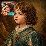A focused young child with curly hair and a teal shirt sits at a wooden table in a casual dining setting, eyes wide with curiosity as plates of food and drinks rest in front. The background is softly blurred with an older man in a cap sitting nearby, creating a cozy family meal atmosphere.