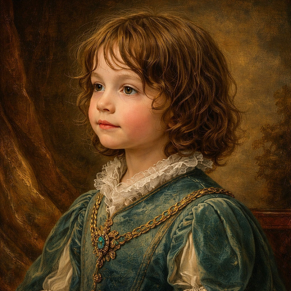A focused young child with curly hair and a teal shirt sits at a wooden table in a casual dining setting, eyes wide with curiosity as plates of food and drinks rest in front. The background is softly blurred with an older man in a cap sitting nearby, creating a cozy family meal atmosphere.