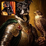 A dignified black dog lounges on a well-worn couch, giving the camera a wise, slightly judgmental stare — like it's silently calculating how many treats you'll admit to stealing. Warm orange curtains and cozy living-room tones frame the scene, highlighting the glossy fur, white chest patch, and expressive brown eyes.