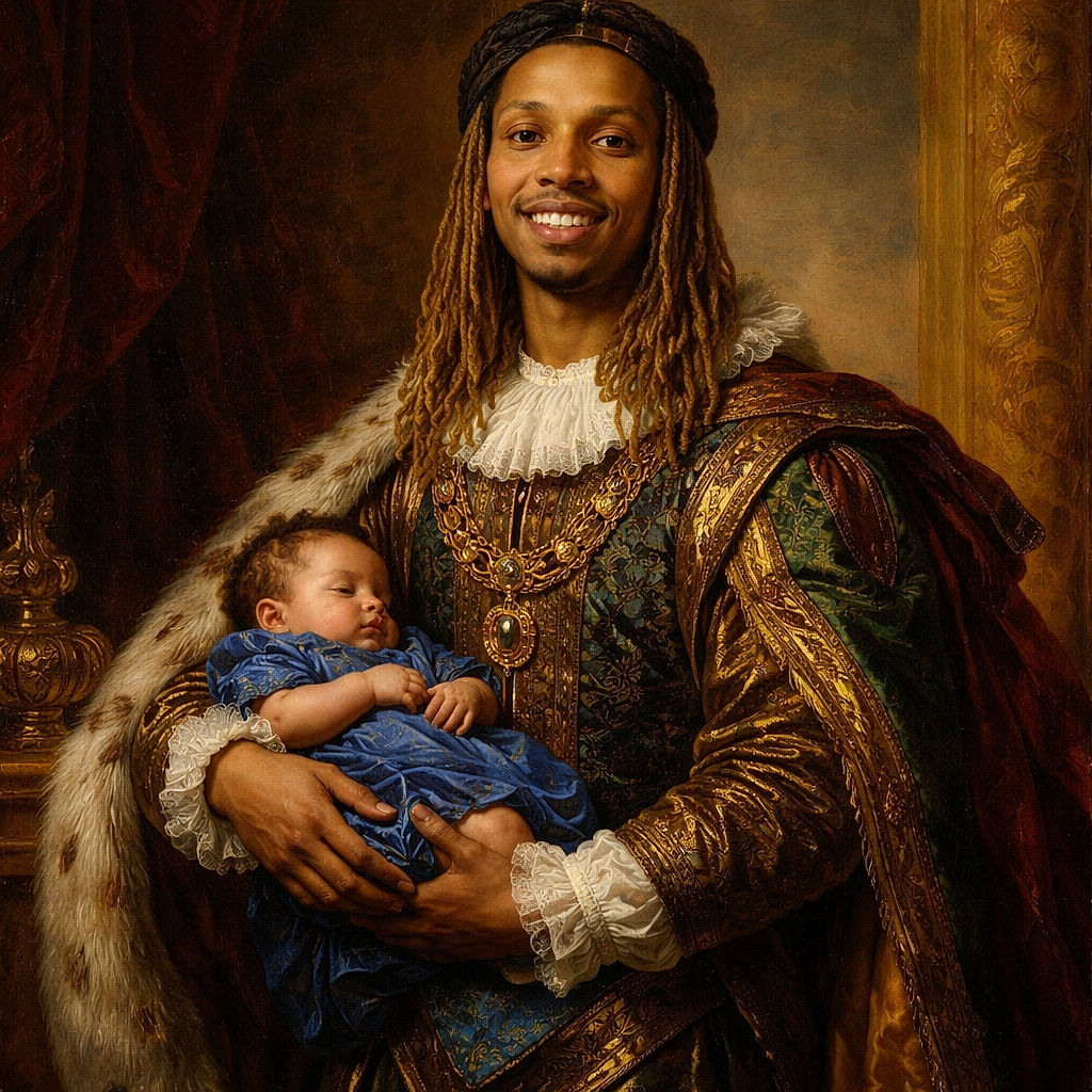 A proud parent stands in a sun-dappled yard cradling a snoozing baby like a tiny VIP — matching blue outfit, legendary sneakers, and a relaxed grin that says 'weekend vibes.' The trees and a chain-link fence provide a rustic backdrop while a pinecone contemplates life at their feet.