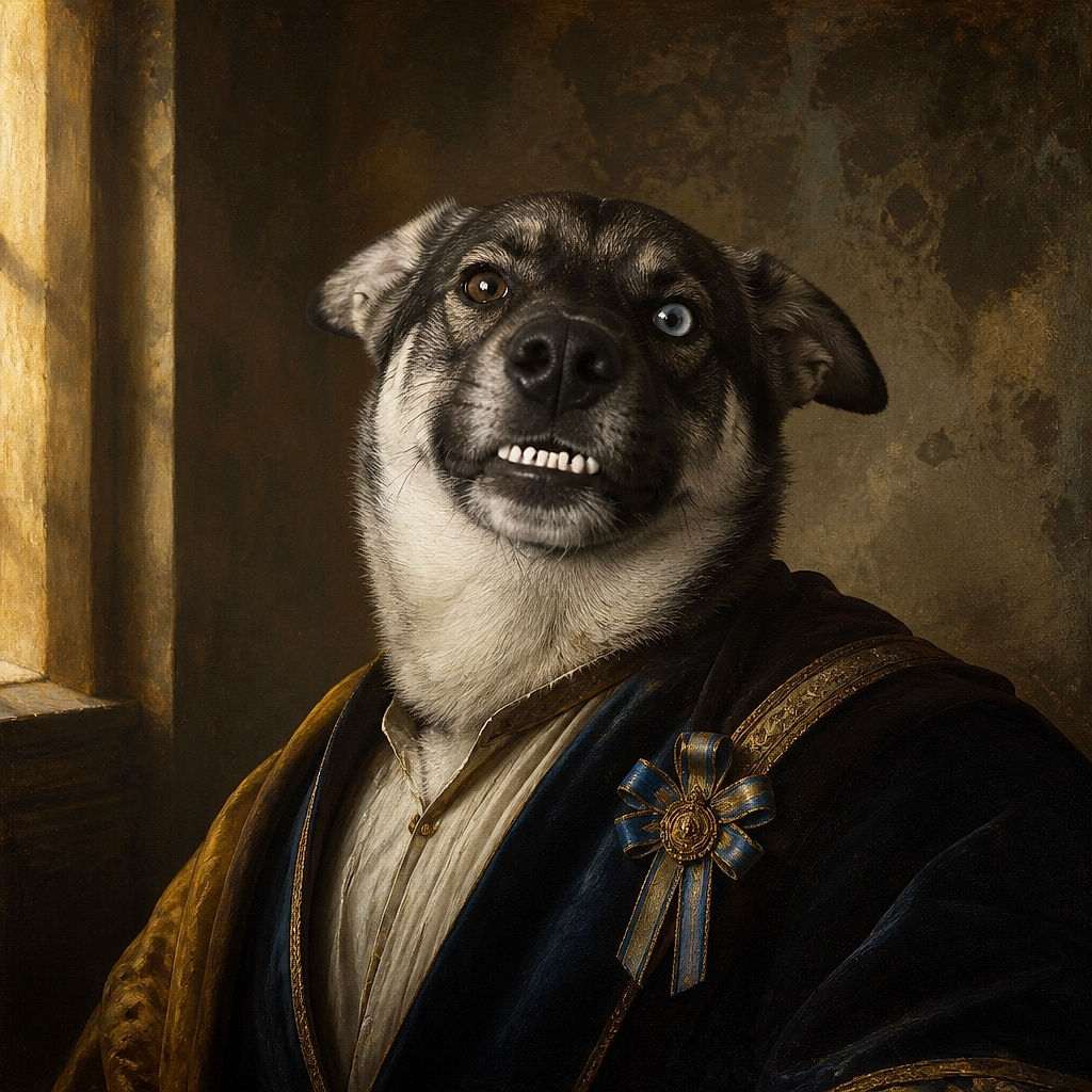 A delightfully upside-down dog flashes a toothy grin while posing like a furry acrobat, with one paw dramatically covering its face and a sleepy tabby cat supervising from the couch above. The striped blanket completes this wonderfully chaotic pet sitcom scene.