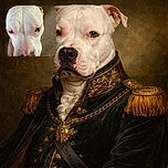 A close-up shot of a white dog with a black spot on its nose, looking slightly sleepy or unimpressed, with a hand gently holding its head. The background is a plain carpet floor, making the dog's face the clear focal point.