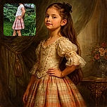 A confident young girl strikes a playful pose in a lush green garden, sporting a white floral top and a bright orange plaid skirt, her long hair tied back with a bow, surrounded by vibrant plants and a rustic building in the background.