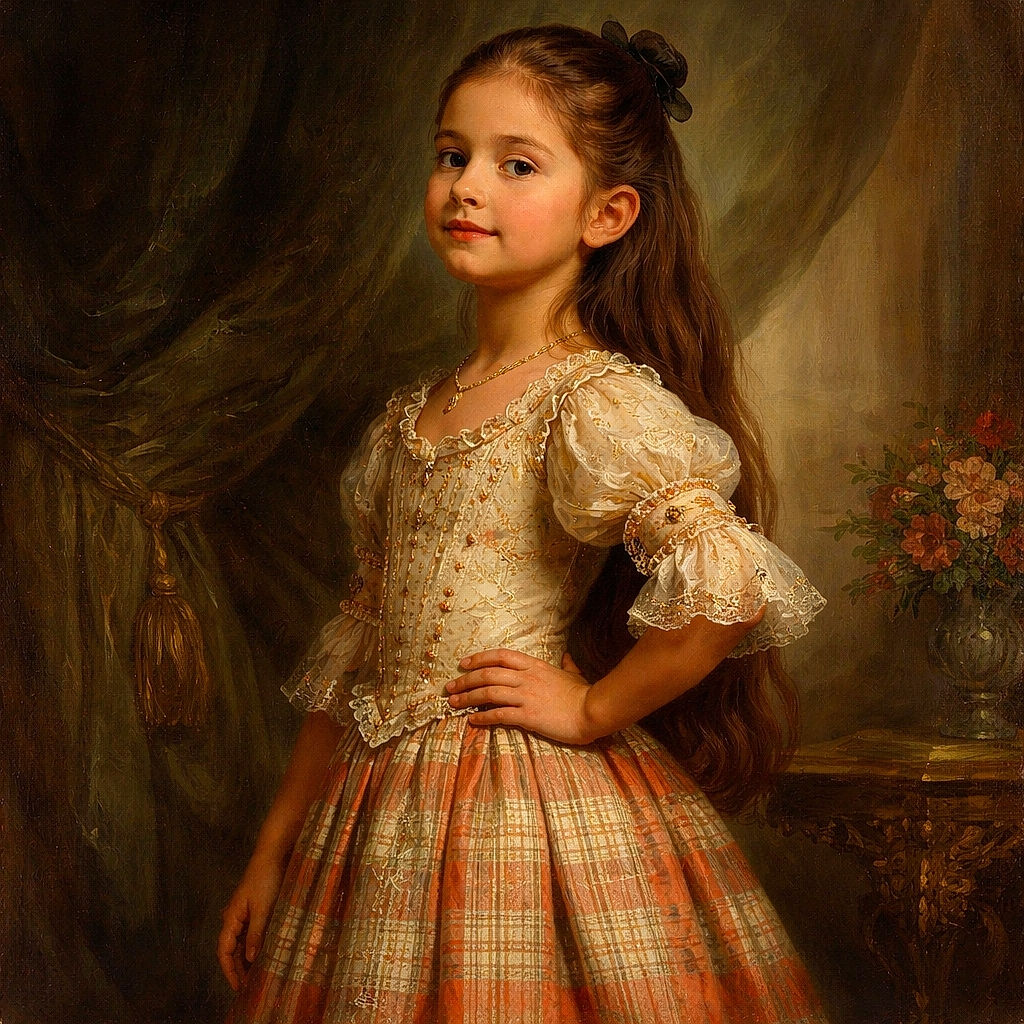 A confident young girl strikes a playful pose in a lush green garden, sporting a white floral top and a bright orange plaid skirt, her long hair tied back with a bow, surrounded by vibrant plants and a rustic building in the background.