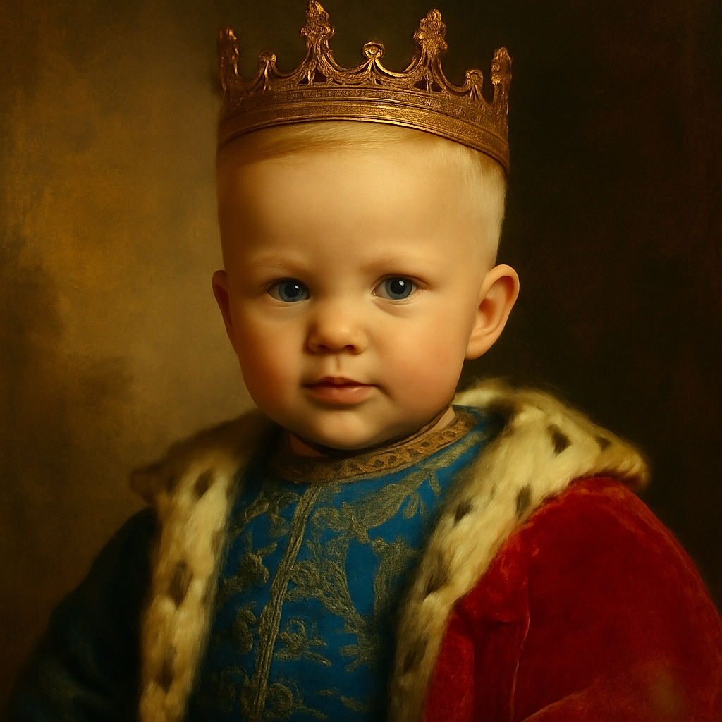 A close-up portrait of a young child with short blonde hair and bright eyes wearing a blue and white patterned shirt, softly lit against a light, blurred background.