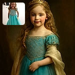 A young girl in a sparkling turquoise gown beams at the camera, her curly hair cascading over her shoulders. She holds a bright orange badge with the number 17, standing in a bright, spacious room with a wooden stage and a person in the background.