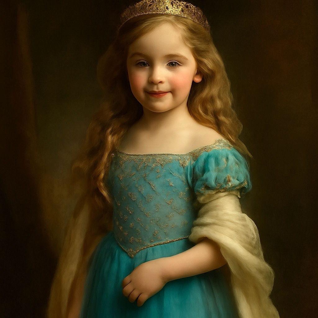 A young girl in a sparkling turquoise gown beams at the camera, her curly hair cascading over her shoulders. She holds a bright orange badge with the number 17, standing in a bright, spacious room with a wooden stage and a person in the background.