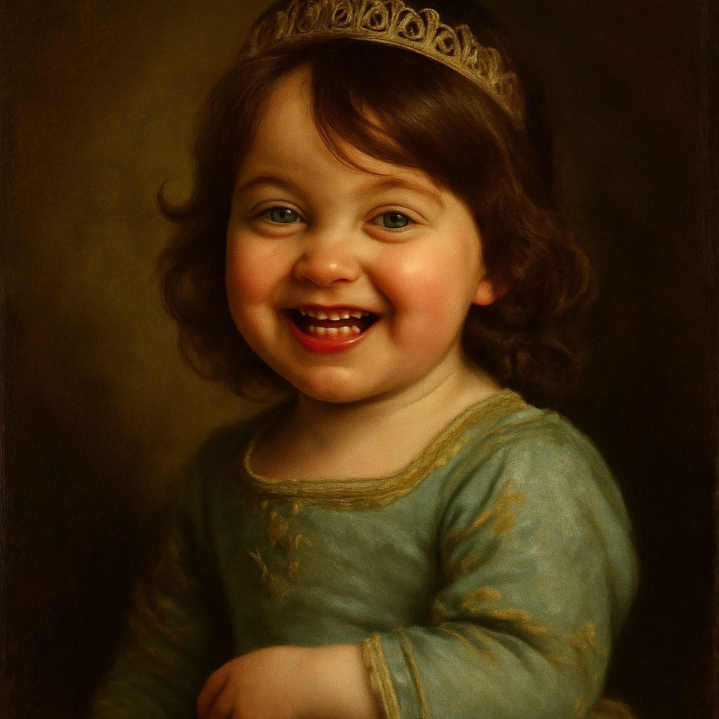 A close-up, slightly blurry photo of a joyful young child with medium-length dark hair and a big smile, wearing a teal shirt, set against a warm yellow background.