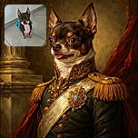 A small brown and white Chihuahua stands on a tiled floor wearing a tiny blue towel like a cape, looking up with big eyes and a slightly sticking out tongue, as if ready for a superhero adventure.