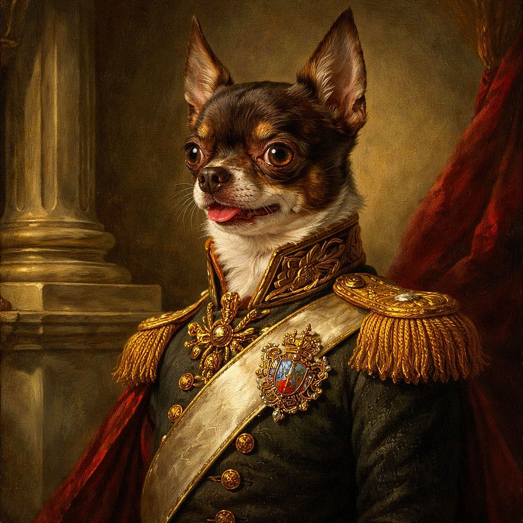 A small brown and white Chihuahua stands on a tiled floor wearing a tiny blue towel like a cape, looking up with big eyes and a slightly sticking out tongue, as if ready for a superhero adventure.