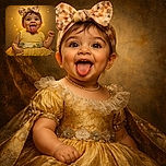 A gleeful baby girl with a huge bow headband and a yellow dress sticks out her tongue playfully, her eyes sparkling with mischief against a warm, glowing background that feels like sunshine in a bottle.