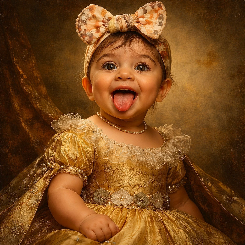 A gleeful baby girl with a huge bow headband and a yellow dress sticks out her tongue playfully, her eyes sparkling with mischief against a warm, glowing background that feels like sunshine in a bottle.