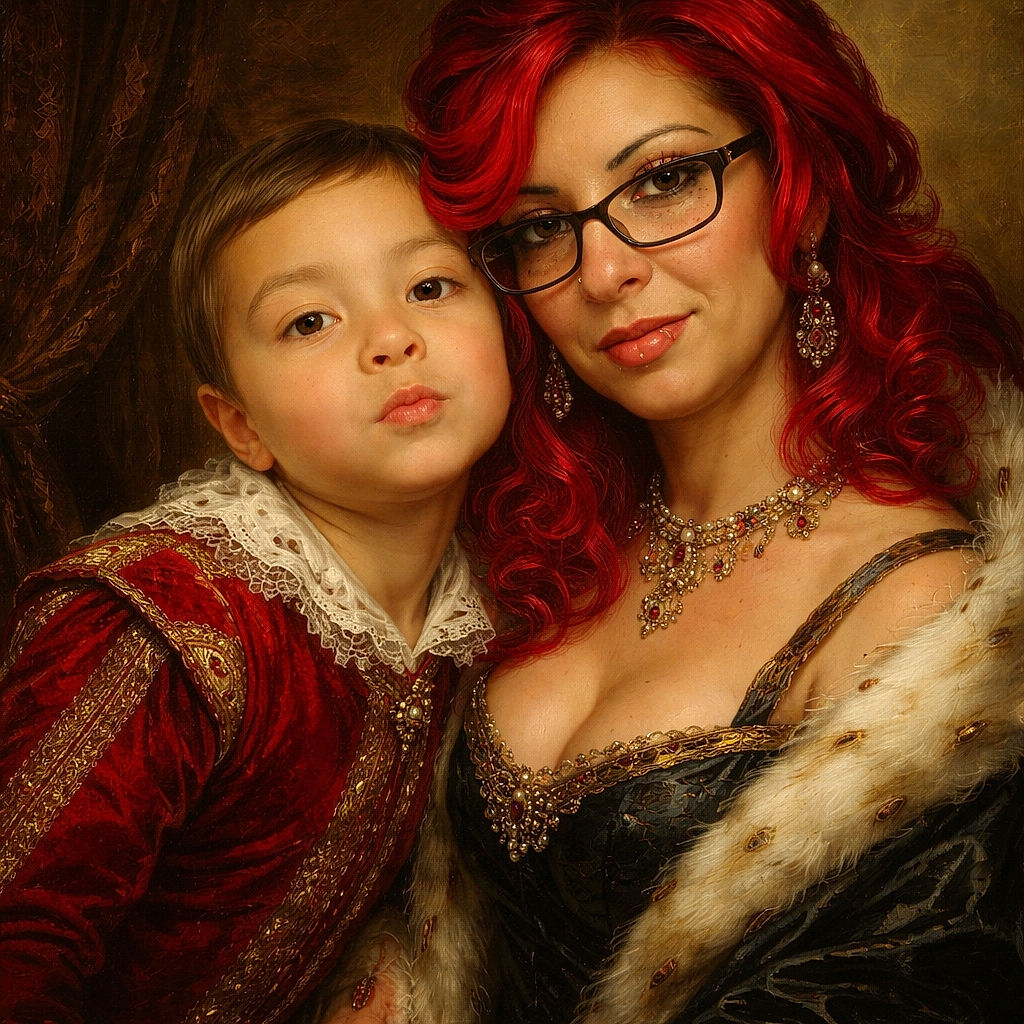 A cheerful young child wearing a bright red Minecraft shirt is cuddled close to a woman with striking red hair, glasses, and facial piercings, both posing warmly for a close-up selfie indoors.