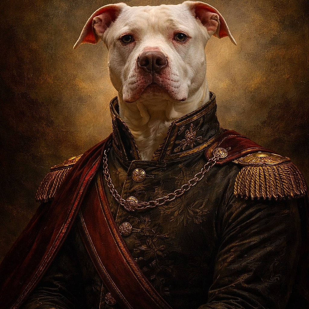 A majestic white dog sits calmly against a dreamy, glowing sky filled with soft clouds, looking like a guardian of the heavens with a serious yet gentle expression.