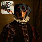 A sleek black and tan dog lounges regally on a textured beige couch, striking a pose of ultimate relaxation with its front paws crossed like a canine aristocrat.