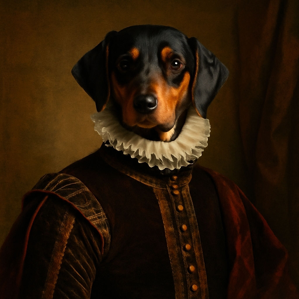 A sleek black and tan dog lounges regally on a textured beige couch, striking a pose of ultimate relaxation with its front paws crossed like a canine aristocrat.