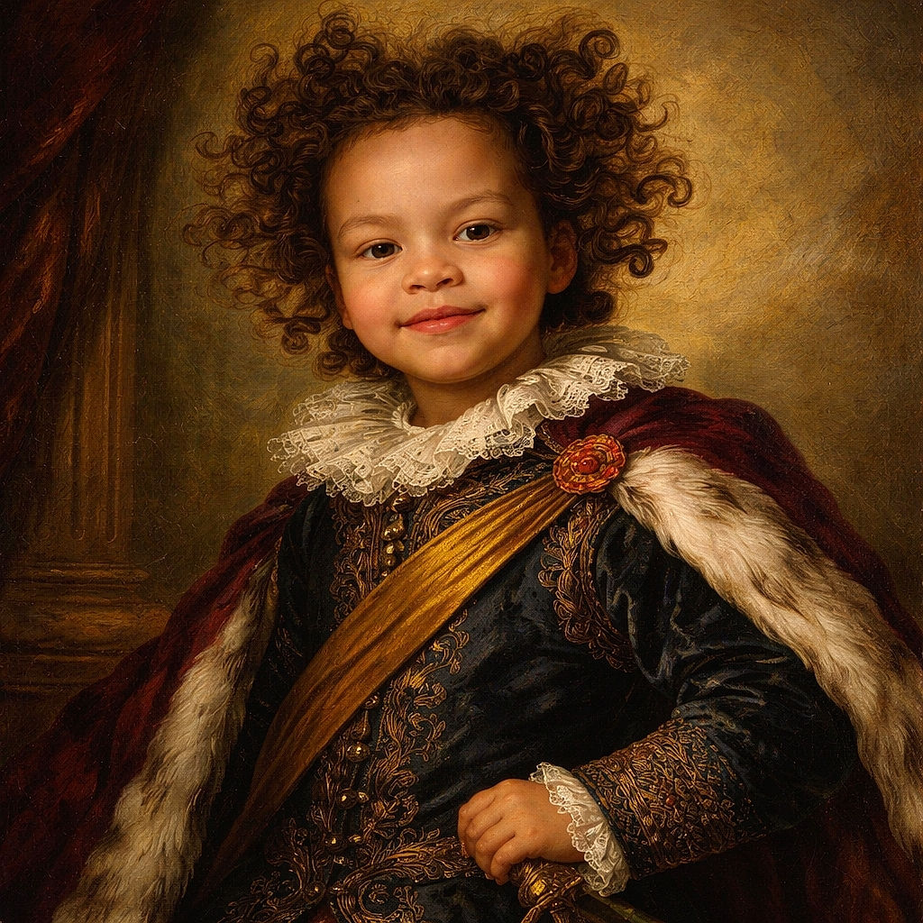 A mischievous kid peers down at the camera with wild, gravity-defying curls and a grin, feet and socks visible as if they turned the photographer into a trampoline — cozy ceiling and warm lamp light complete the playful chaos.