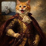 A fluffy orange kitten sits on a dark surface with its mouth open wide, looking like it's either meowing loudly or caught mid-yawn, against a textured patterned wall background.