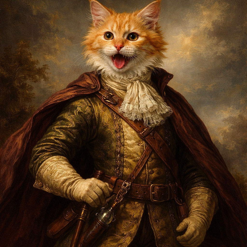 A fluffy orange kitten sits on a dark surface with its mouth open wide, looking like it's either meowing loudly or caught mid-yawn, against a textured patterned wall background.