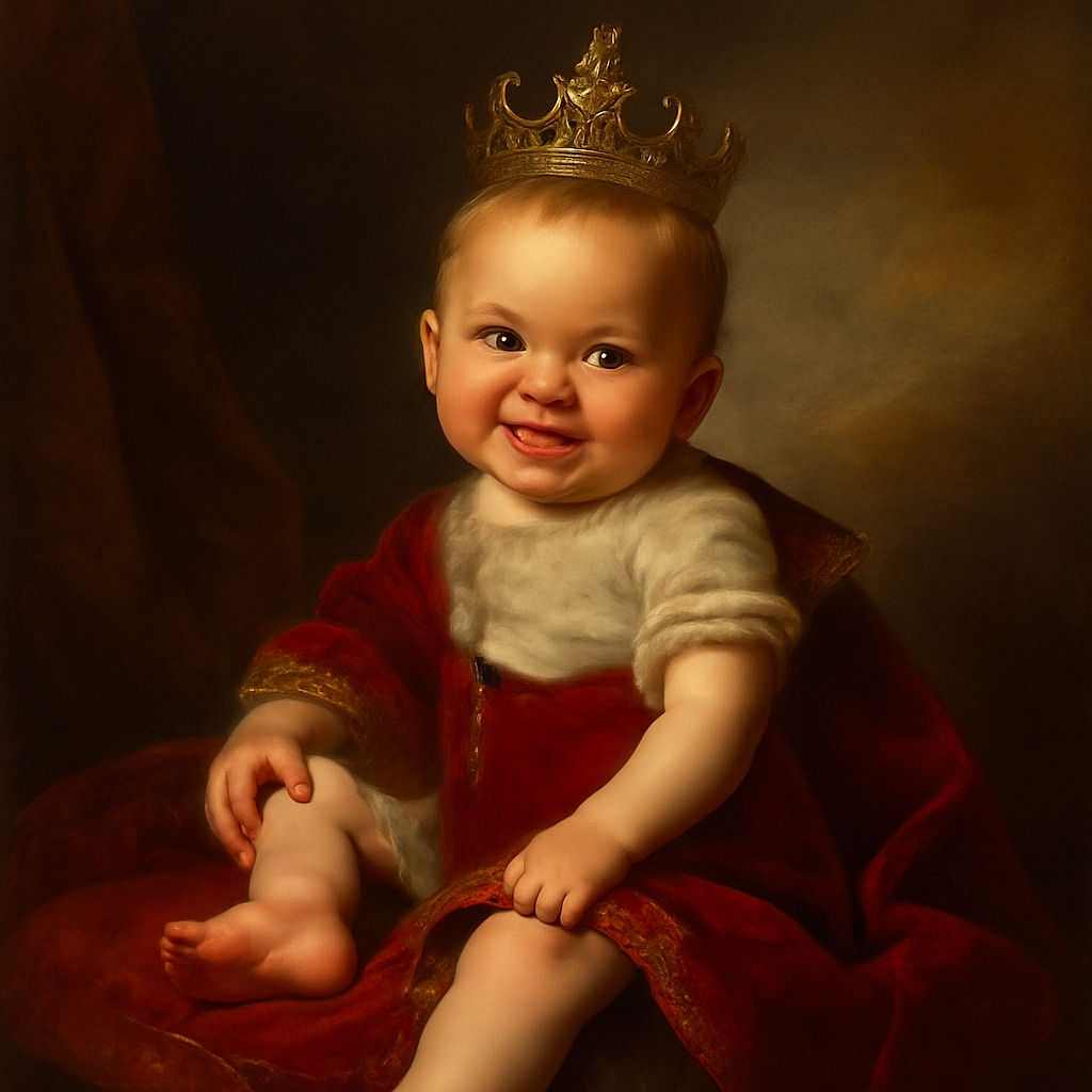 A smiling baby sits comfortably in a stroller, holding a crumpled instruction paper, with a blurred photo of an older child in the background and soft natural light filtering through a window with a dotted blind.