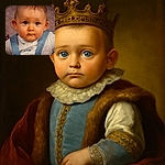 A wide-eyed baby with big blue eyes and chubby cheeks stares curiously at the camera, dressed in a white shirt and blue overalls, with a soft blurred background that makes the baby pop like the star of a heartwarming photo shoot.