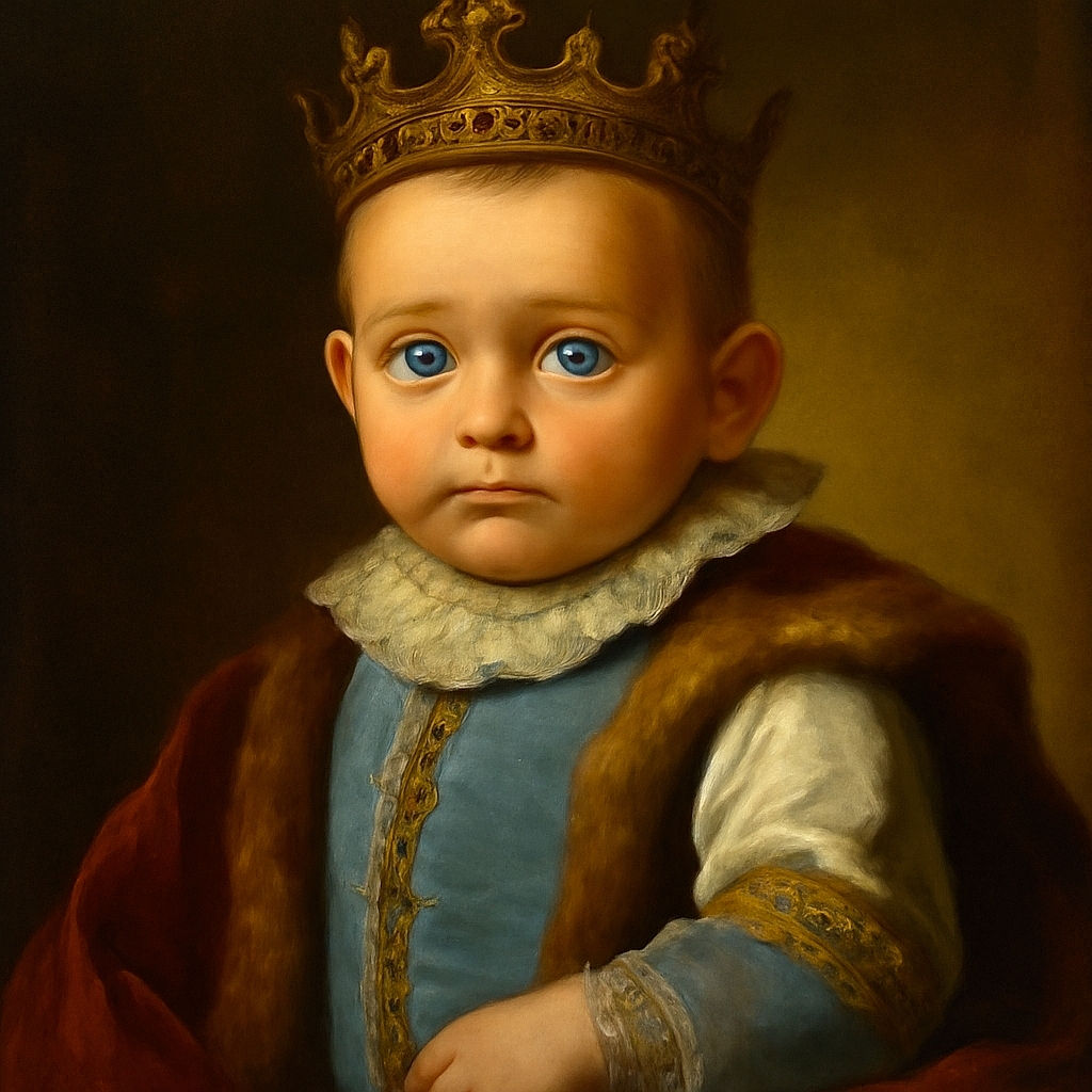 A wide-eyed baby with big blue eyes and chubby cheeks stares curiously at the camera, dressed in a white shirt and blue overalls, with a soft blurred background that makes the baby pop like the star of a heartwarming photo shoot.