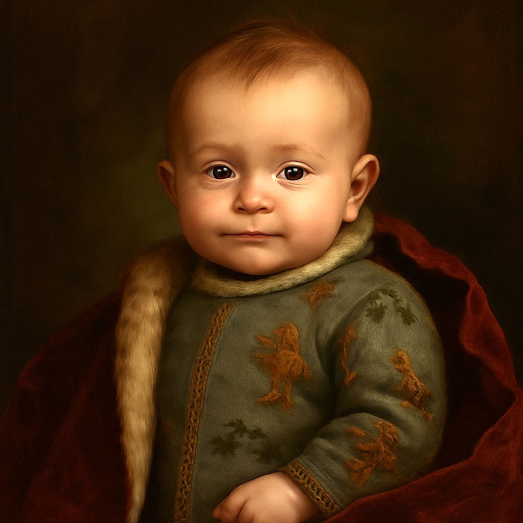 A chubby-cheeked baby gazes curiously at the camera, wrapped in a cozy onesie decorated with playful tigers and leafy patterns, while a gentle hand rests nearby, adding a warm touch to the scene.