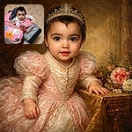 A wide-eyed baby perches in a pink toy car/walker, clutching a patterned bag like a tiny road-tripper while looking up with surprised curiosity — tile floor stage, floral stickers for flair, and an expression that says 'where are we going, grown-ups?'