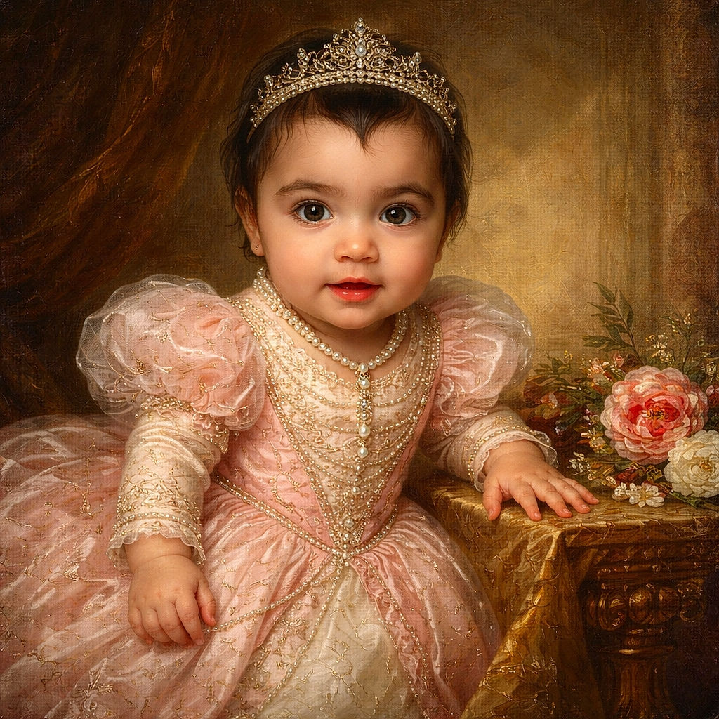 A wide-eyed baby perches in a pink toy car/walker, clutching a patterned bag like a tiny road-tripper while looking up with surprised curiosity — tile floor stage, floral stickers for flair, and an expression that says 'where are we going, grown-ups?'