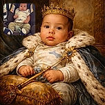 A chunky-cheeked baby lounges like royalty in a car seat, sporting a shark-print onesie and socks while a pacifier naps between their legs. Background shows a cozy living room with a chair and door, and the baby gives a calm, slightly puzzled stare that says, "I approve this nap."