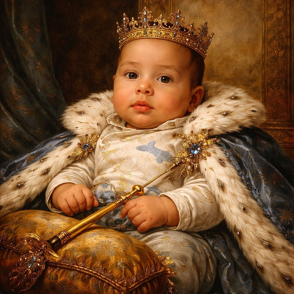 A chunky-cheeked baby lounges like royalty in a car seat, sporting a shark-print onesie and socks while a pacifier naps between their legs. Background shows a cozy living room with a chair and door, and the baby gives a calm, slightly puzzled stare that says, "I approve this nap."