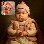 A cute baby dressed in soft pink with a tiny hat featuring little ears is being held securely by an adult wearing a light-colored shirt. The baby looks wide-eyed and curious, while the adult takes a mirror selfie with a phone that has a dragon design on the case. The background is a simple white door, keeping the focus on the adorable duo.