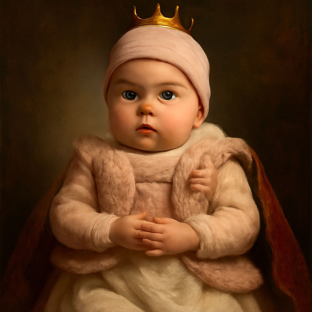 A cute baby dressed in soft pink with a tiny hat featuring little ears is being held securely by an adult wearing a light-colored shirt. The baby looks wide-eyed and curious, while the adult takes a mirror selfie with a phone that has a dragon design on the case. The background is a simple white door, keeping the focus on the adorable duo.